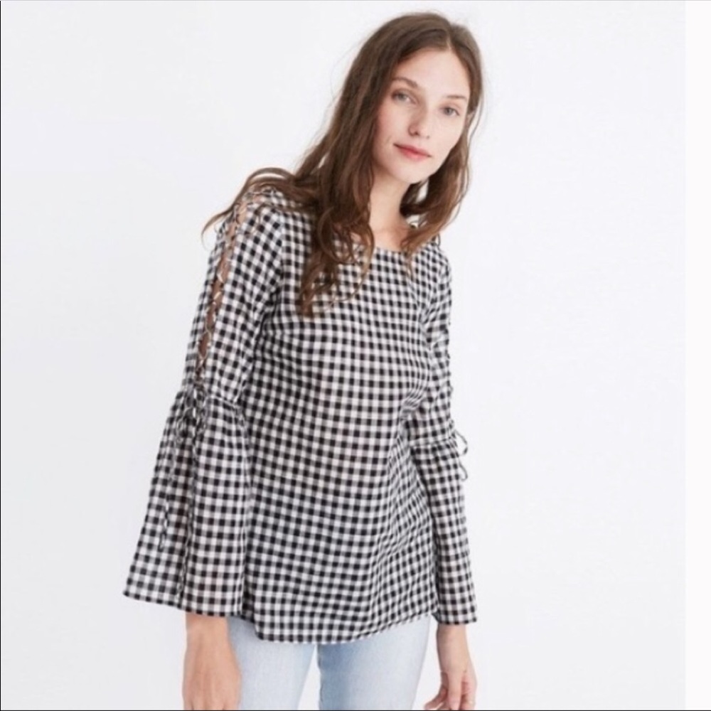 Made well gingham lace up bell sleeve top